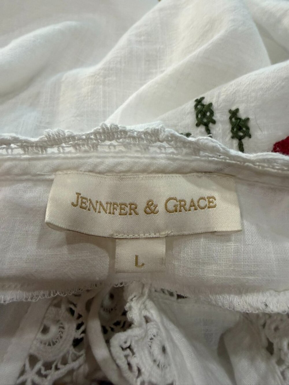 Jennifer & Grace Boho Embroidered Tie‑Front Top –100% Cotton  Sz L Excellent - Picture 7 of 13